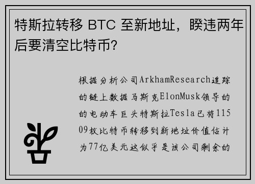 特斯拉转移 BTC 至新地址，睽违两年后要清空比特币？